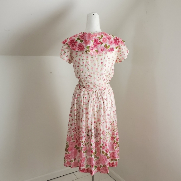 50s Vintage Nelly Don Pink & White Floral Tea Dress With Flat Collar - Picture 11 of 16